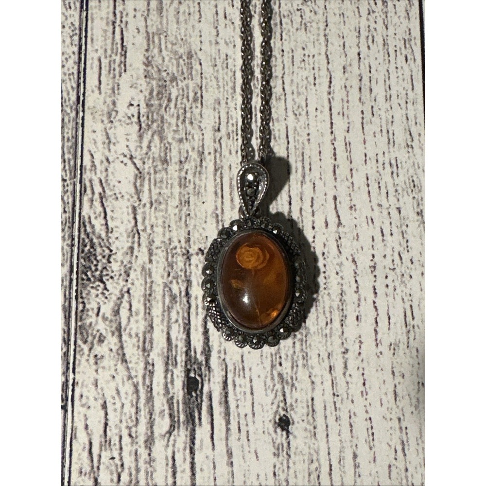 VTG 925 Sterling Silver REVERSE CARVED Amber Floral Marcasite Pendant Necklace